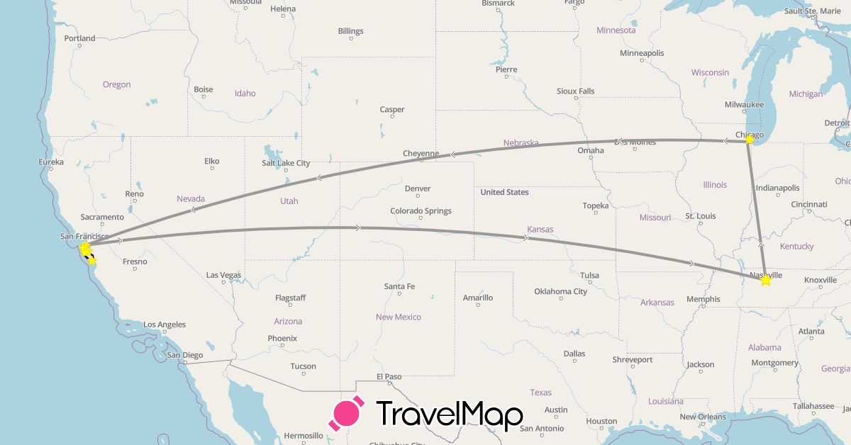 TravelMap itinerary: driving, plane, train, hiking in United States (North America)