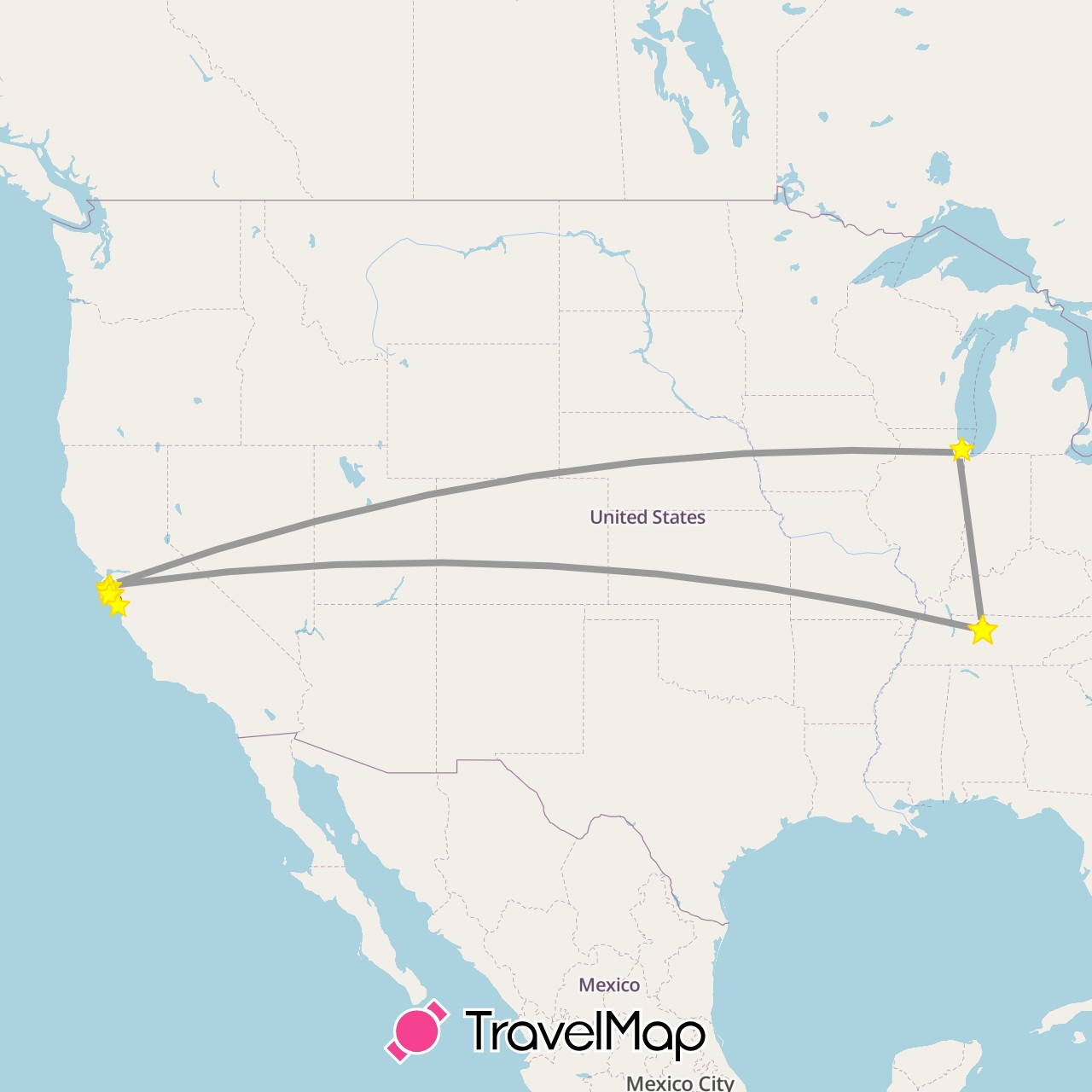 TravelMap itinerary: driving, plane, train, hiking in United States (North America)