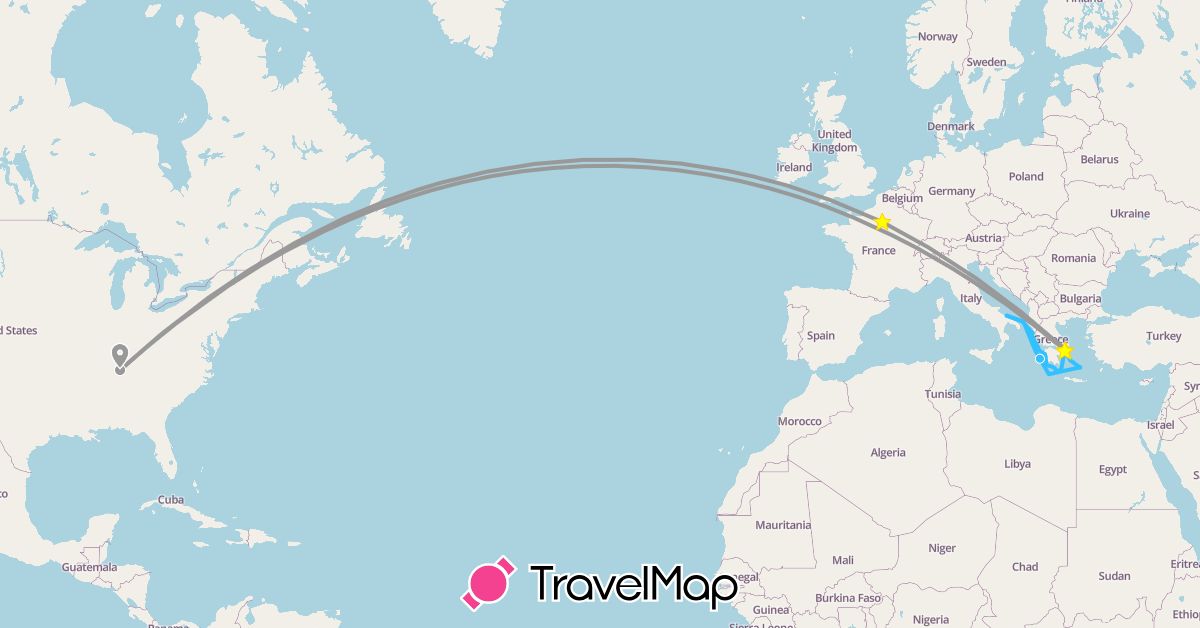 TravelMap itinerary: driving, plane, train, hiking, boat in France, Greece, Italy, United States (Europe, North America)