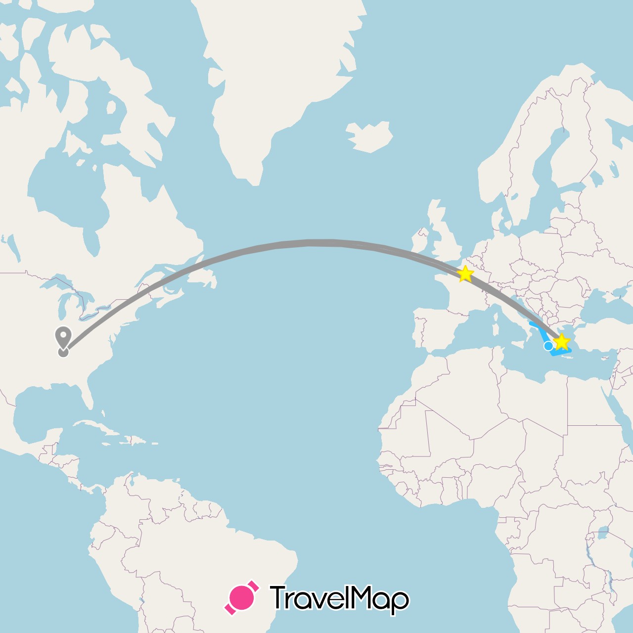 TravelMap itinerary: driving, plane, train, hiking, boat in France, Greece, Italy, United States (Europe, North America)