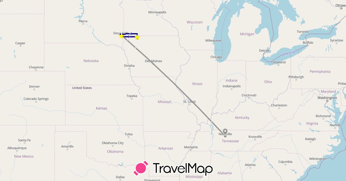 TravelMap itinerary: driving, plane in United States (North America)