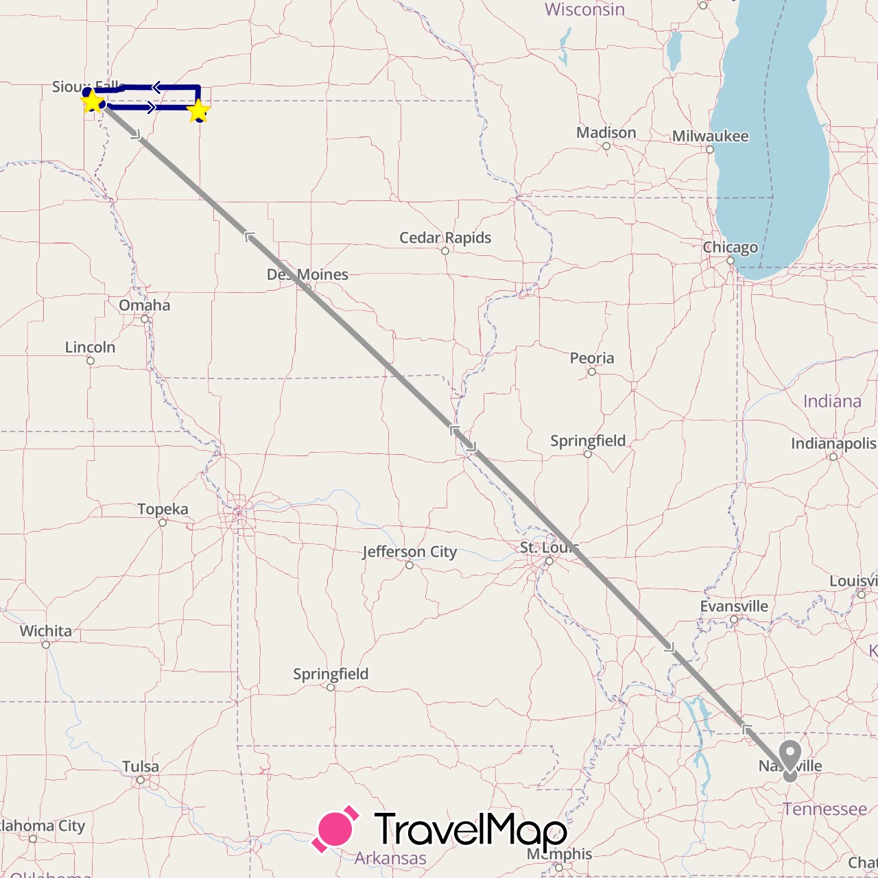 TravelMap itinerary: driving, plane in United States (North America)
