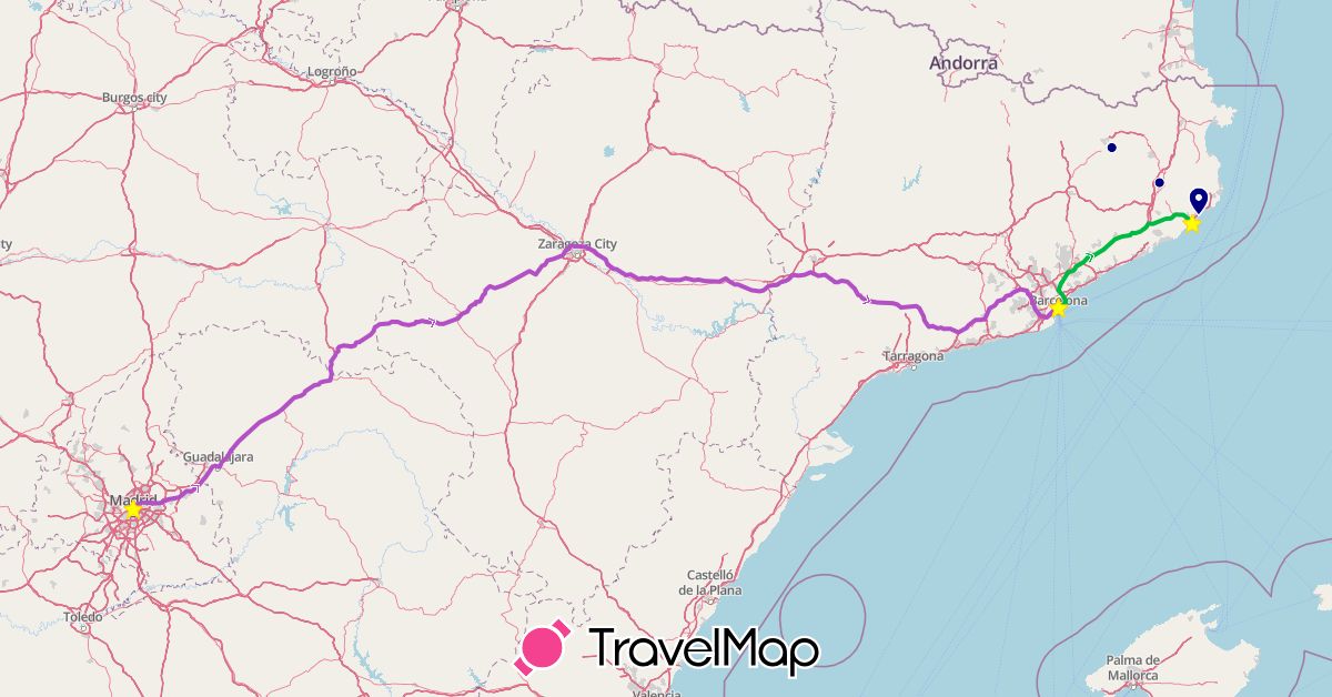TravelMap itinerary: driving, bus, train in Spain (Europe)